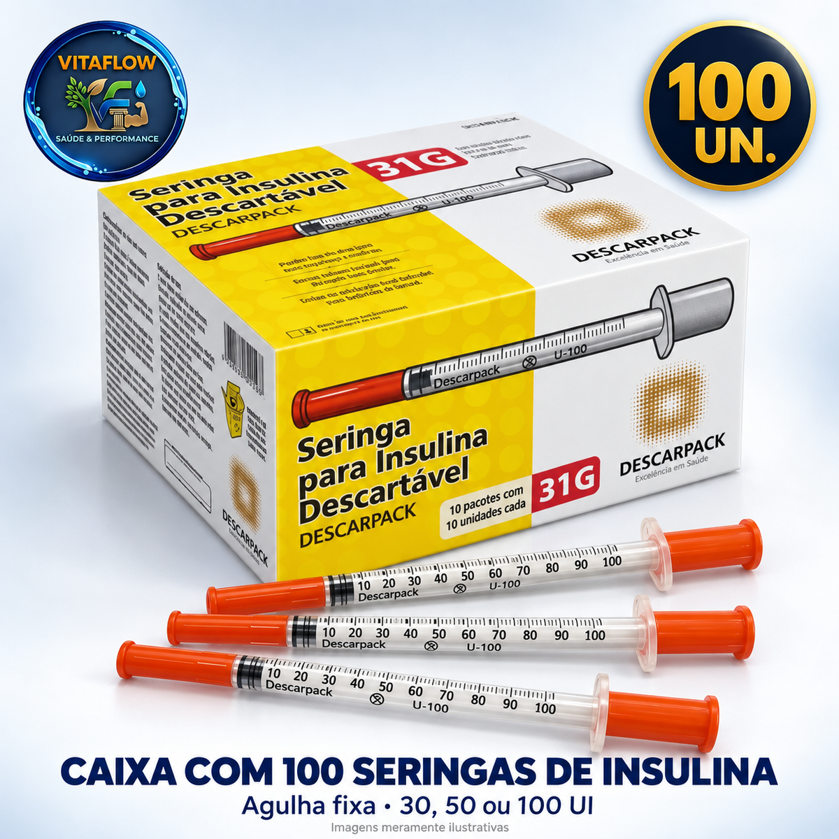 Caixa com 100 Seringas de Insulina 100 UI com Agulha Fixa VitaFlow