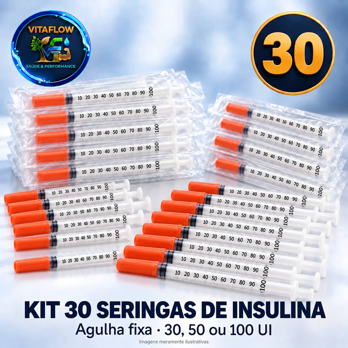 Kit 30 Seringas de Insulina 100 UI com Agulha Fixa VitaFlow