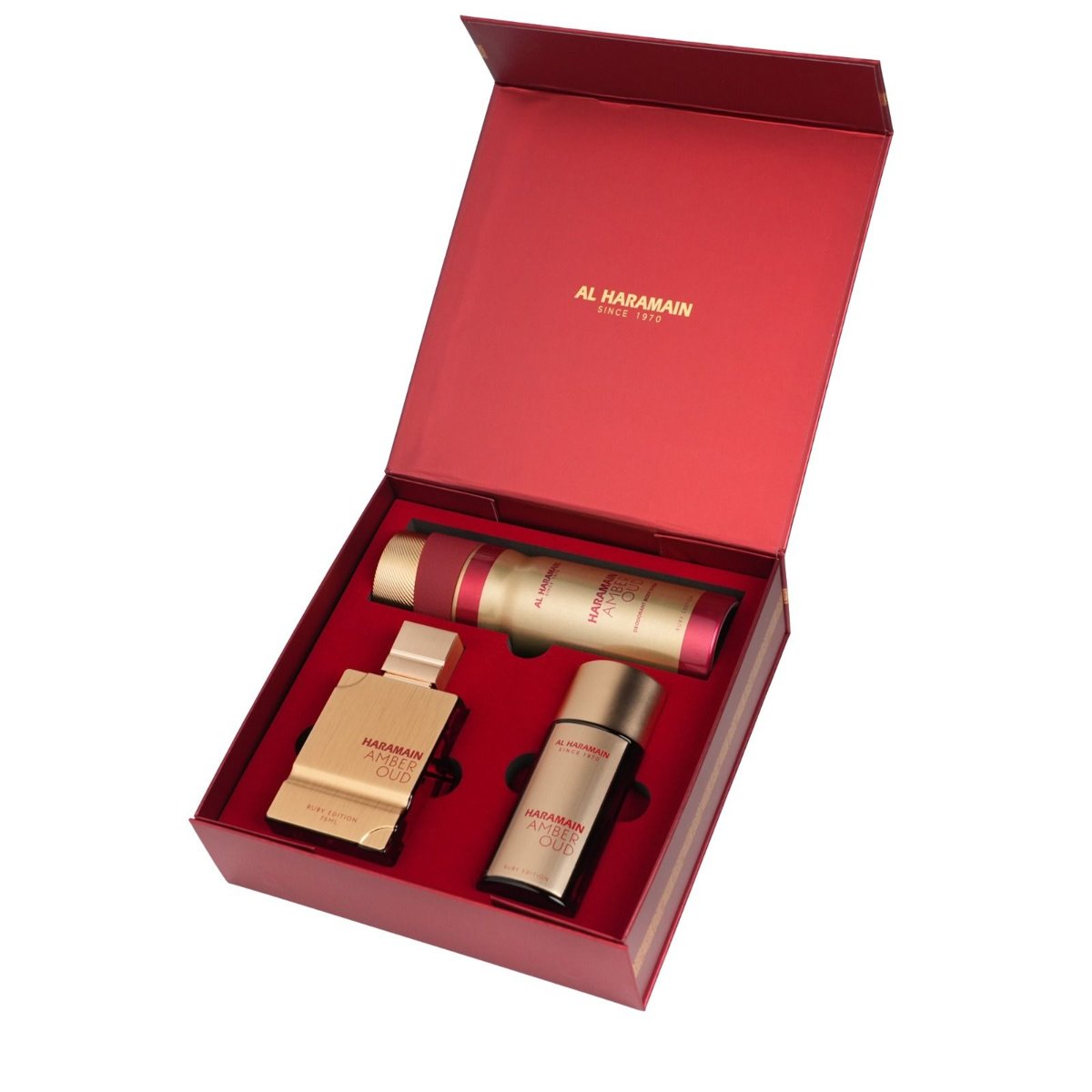 Al Haramain Kit Al Haramain Amber Oud Ruby Edit EDP 75ml +30Ml +Deo 200ml — Unissex