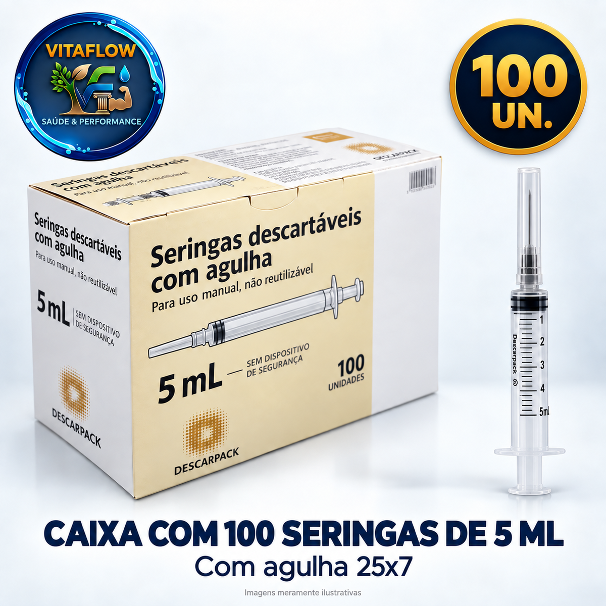 Caixa com 100 Seringas de 5 ml com Agulha 25x7 VitaFlow