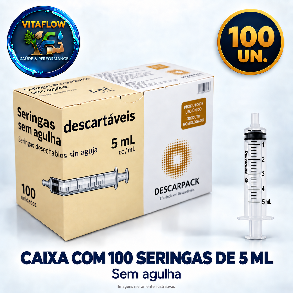 Caixa com 100 Seringas de 5 ml sem Agulha VitaFlow