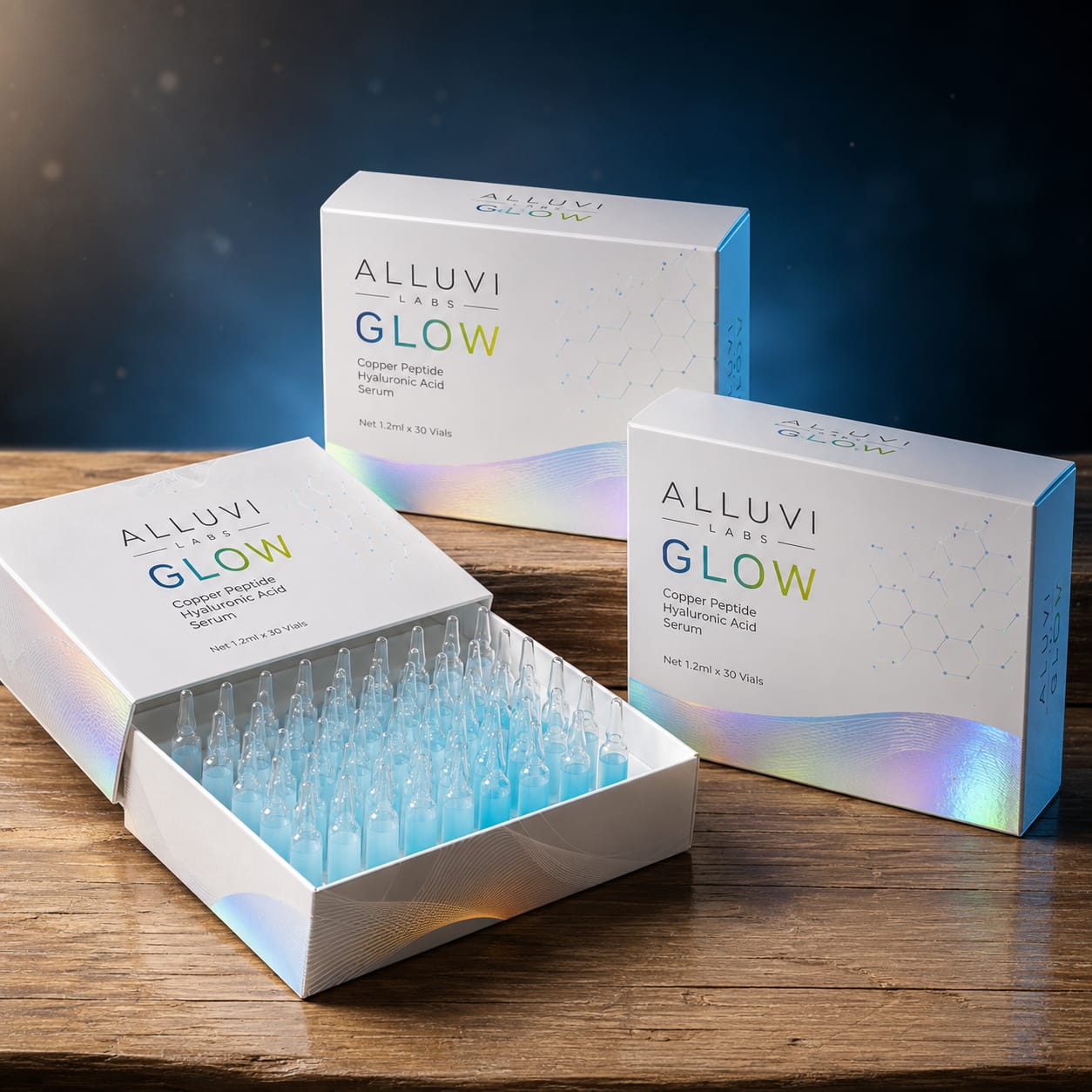 GLOW ALLUVI — Sérum de GHK-CU com Ácido Hialurônico - 30 ampolas de 1,2 ml