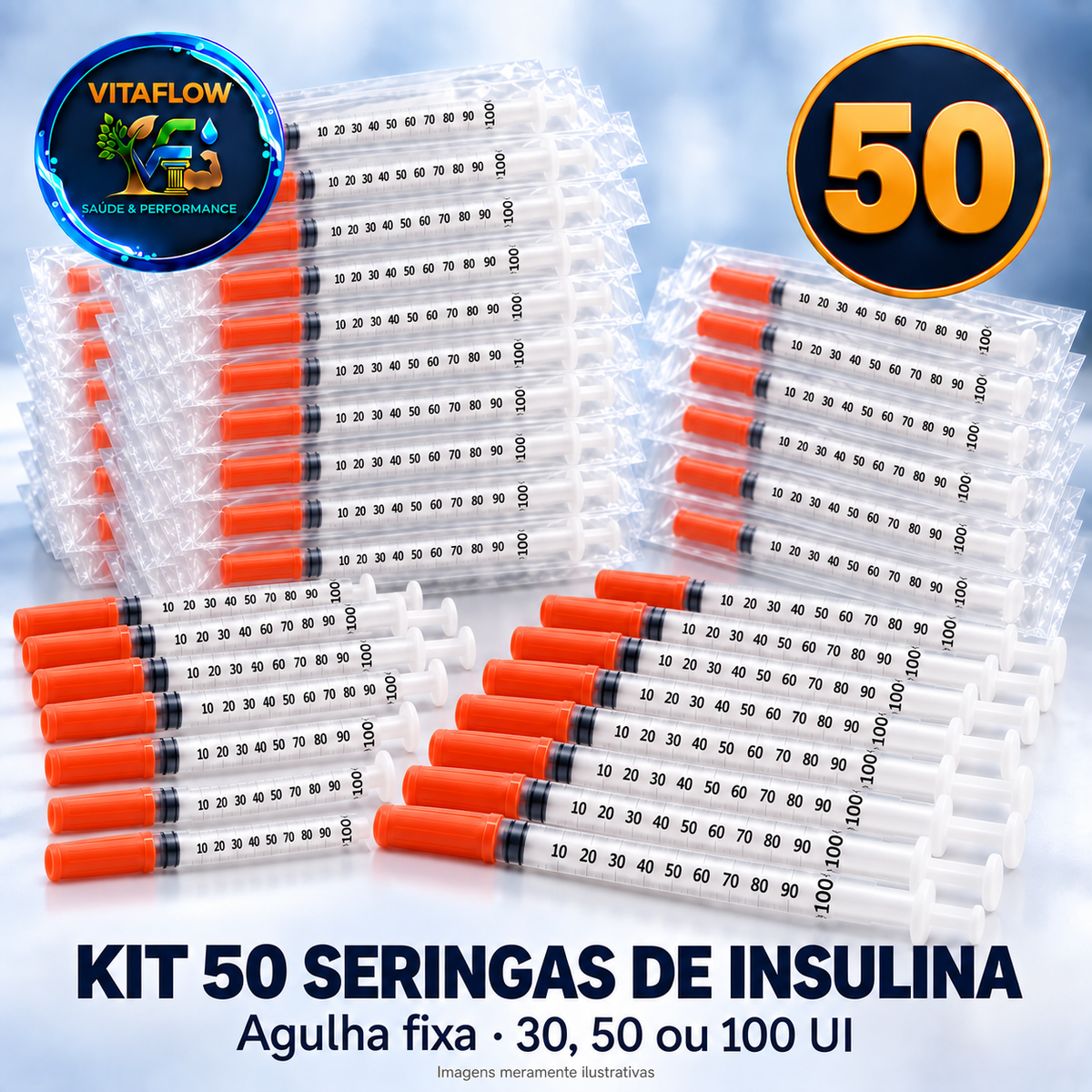 Kit 50 Seringas de Insulina 100 UI com Agulha Fixa VitaFlow