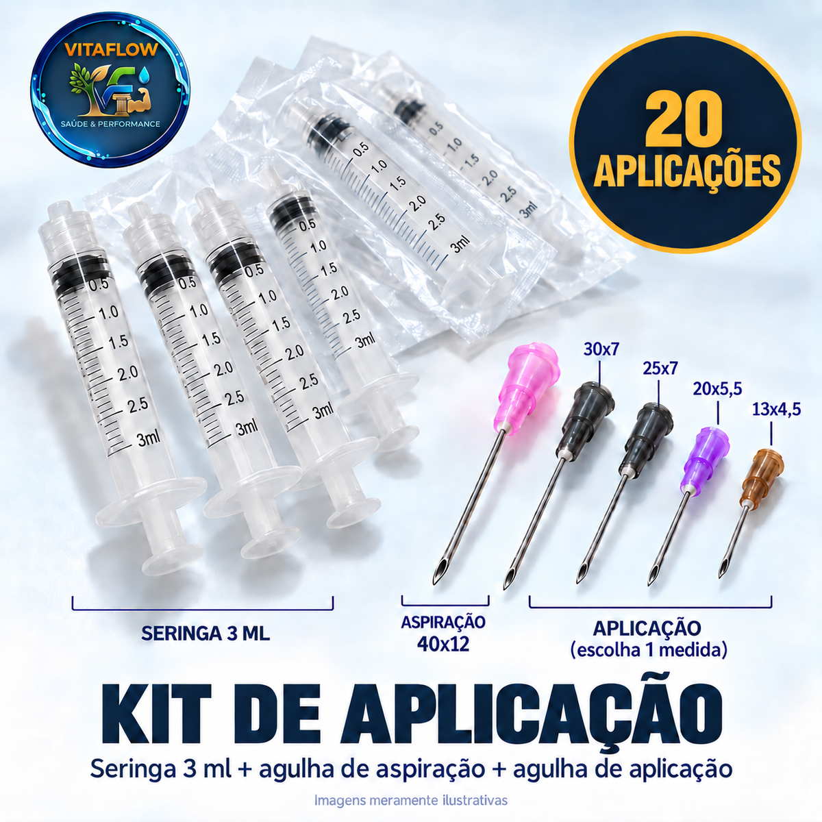 Kit de Aplicação para Hormônios 20 Aplicações (Seringa 3 ml + Agulha 13x4,5) VitaFlow