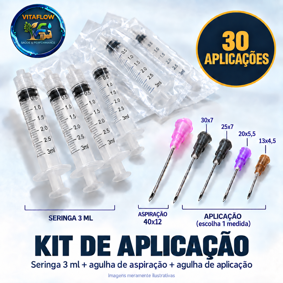 Kit de Aplicação para Hormônios 30 Aplicações (Seringa 3 ml + Agulha 13x4,5) VitaFlow